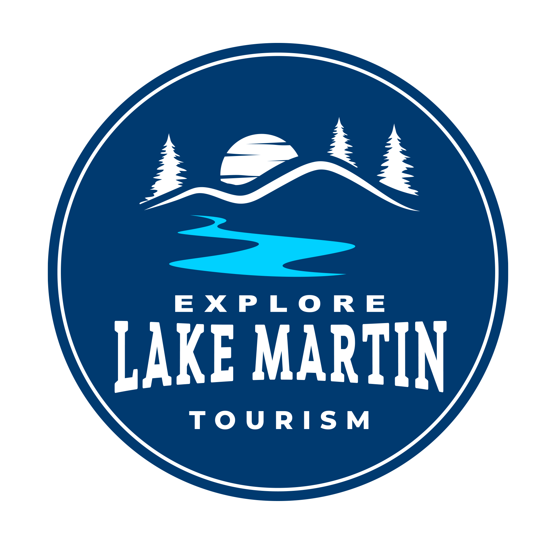 Blue circle with the words Explore Lake Martin Tourism with white sun and trees with a river running.